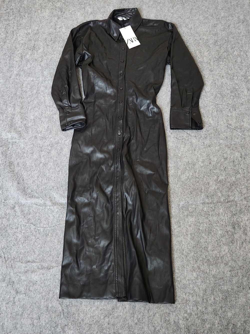 NWT Zara Faux Leather Snap Front Maxi Dress Women's XS Black Long Sleeve Glam